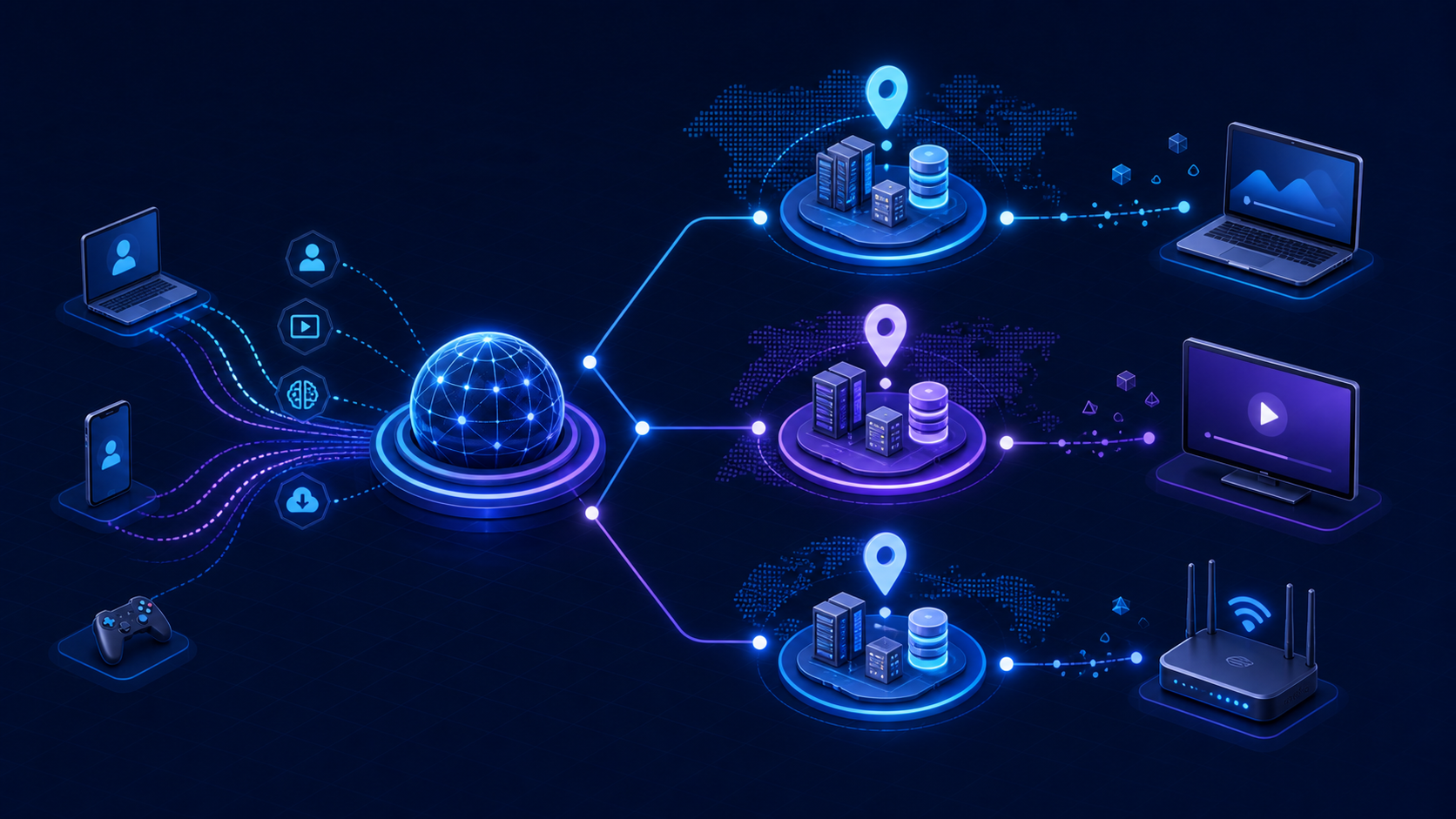 DNS 解锁通过不同地区出口为设备和服务分流的示意图